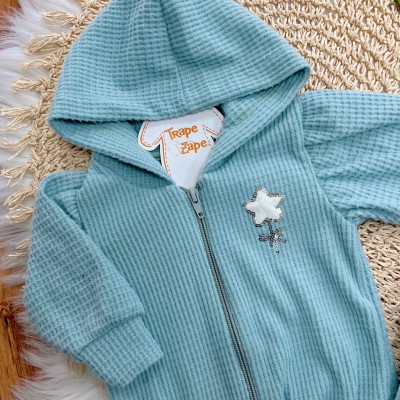 Conj. Jaqueta com Capuz Flor de Estrelinha e Calça em Malha Wafle - Verde